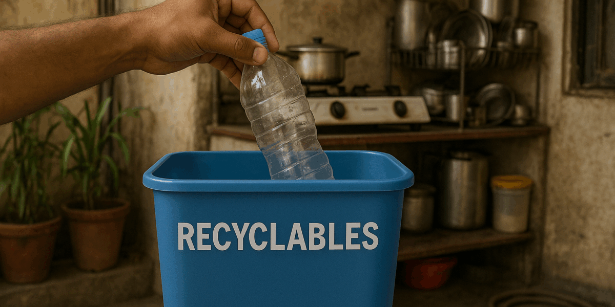 Hand placing a plastic bottle into a blue recycling bin labeled "Recyclables" on an Indian apartment balcony with kitchen utensils and plants in the background.