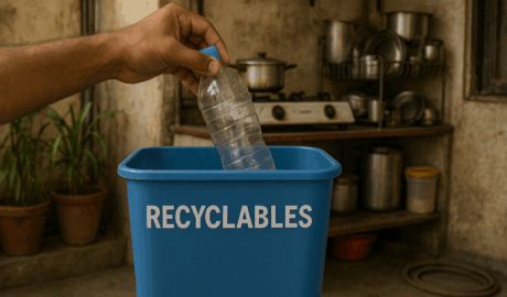 Hand placing a plastic bottle into a blue recycling bin labeled "Recyclables" on an Indian apartment balcony with kitchen utensils and plants in the background.