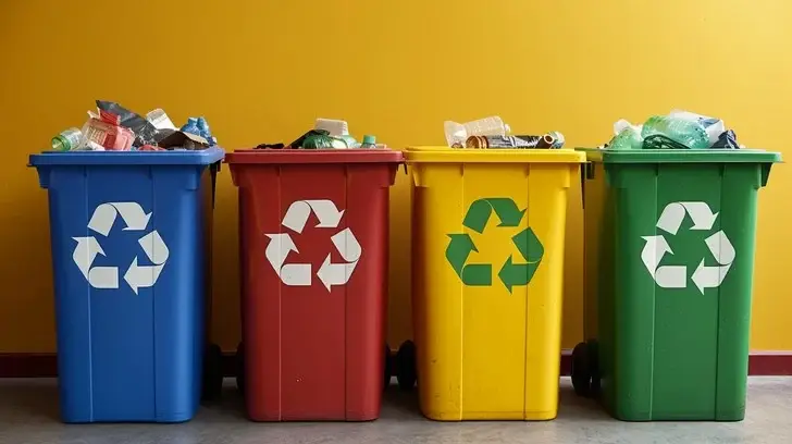 Four color-coded waste bins labeled blue, red, yellow, and green for recycling, hazardous, plastic, and organic waste.