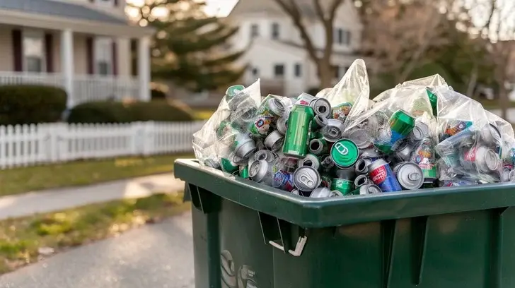 Overflowing household bin with mixed waste (wet + dry), showing contamination.