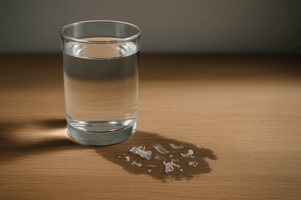 A clear glass of water placed on a white surface, casting a subtle shadow underneath that reveals small plastic fragments—symbolizing the hidden presence of microplastics in drinking water.