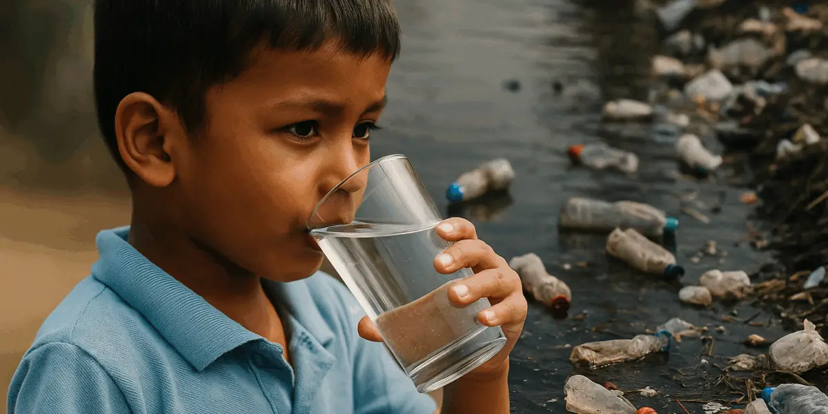 A young South Asian boy drinks a glass of water near a heavily polluted river filled with plastic bottles and trash, highlighting the hidden dangers of microplastics in drinking water.