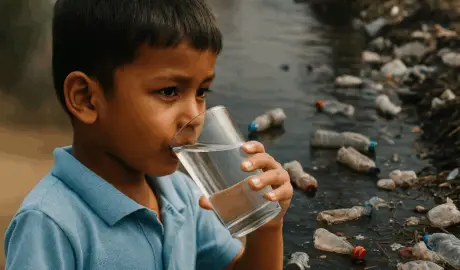 A young South Asian boy drinks a glass of water near a heavily polluted river filled with plastic bottles and trash, highlighting the hidden dangers of microplastics in drinking water.