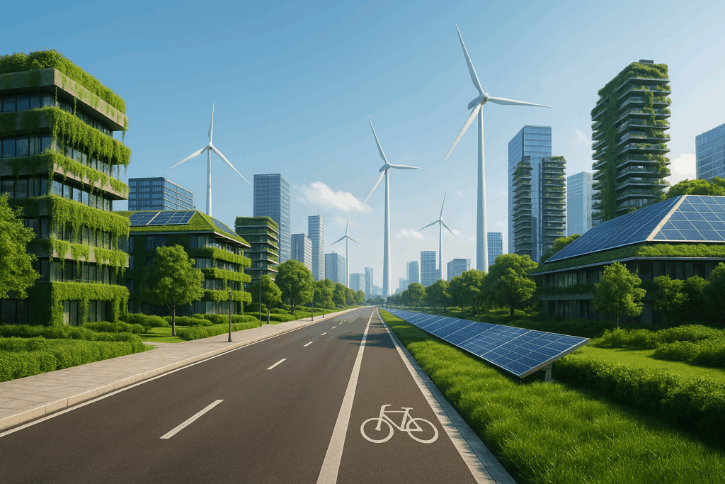 A sustainable modern cityscape with green buildings, rooftop gardens, solar panels, wide clean roads, and clear blue skies, representing an ideal balance of urban development and environmental responsibility.