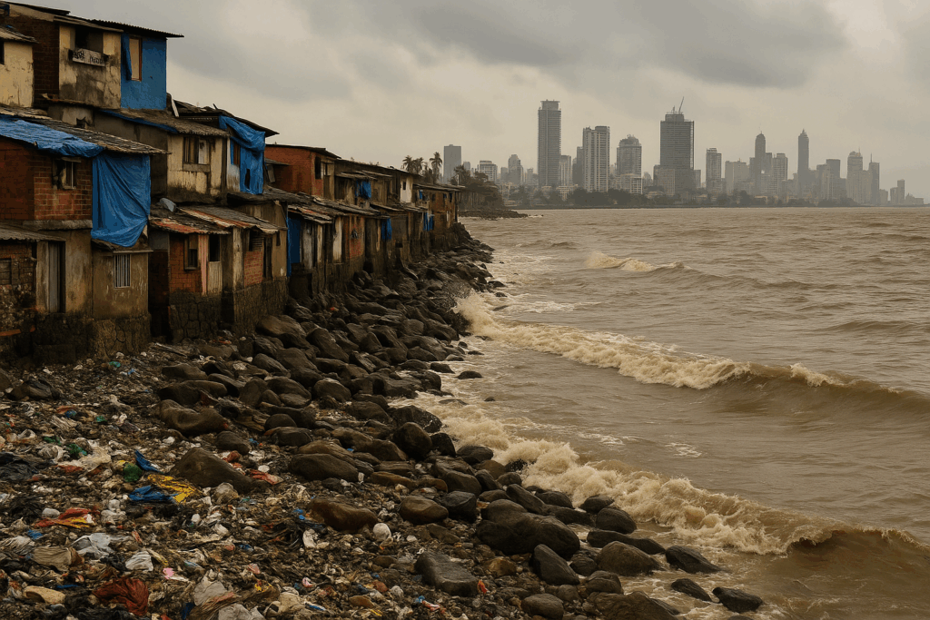 A coastal slum in Mumbai with overcrowded housing, rising sea levels, and visible pollution, illustrating the environmental and developmental risks the city faces without sustainable planning.