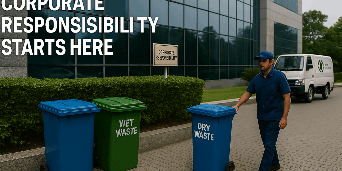 A waste management worker wheels a dry waste bin outside a modern corporate office building with "Corporate Responsibility" signage nearby.