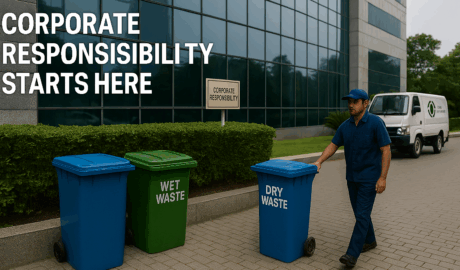 A waste management worker wheels a dry waste bin outside a modern corporate office building with "Corporate Responsibility" signage nearby.