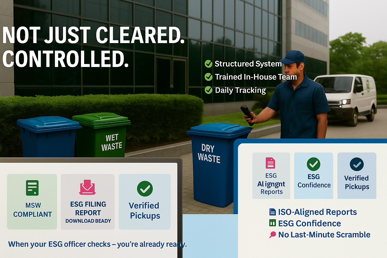 A digital graphic showing two sides: on the left, a messy waste corner with overflowing bins and disorganized collection; on the right, a structured waste system with labeled bins, a waste collector, and a Clean Geosphere van — highlighting professional waste management services.